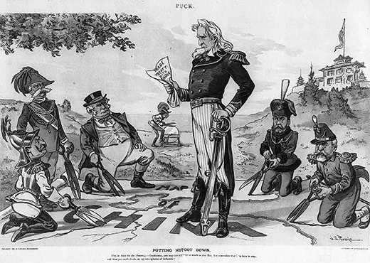 Figure 22.12 This political cartoon shows Uncle Sam standing on a map of China, while Europe’s imperialist nations (from left to right: Germany, Spain, Great Britain, Russia, and France) try to cut out their “sphere of influence.”