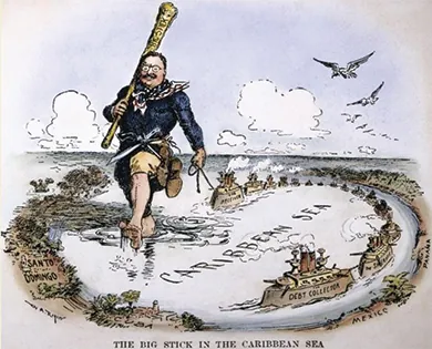 Figure 22.14 Roosevelt was often depicted in cartoons wielding his “big stick” and pushing the U.S. foreign agenda, often through the power of the U.S. Navy.