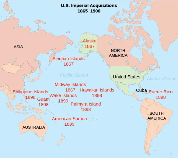 Figure 22.5 American imperial acquisitions as of the end of the Spanish-American War in 1898. Note how the spread of island acquisitions across the Pacific Ocean fulfills Alfred Mahan’s call for more naval bases in order to support a larger and more effective U.S. Navy rather than mere territorial expansion.