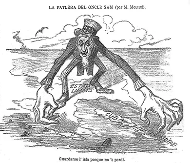 Figure 22.7 Whereas Americans thought of the Spanish colonial regime in Cuba as a typical example of European imperialism, this 1896 Spanish cartoon depicts the United States as a land-grabbing empire. The caption, written in Catalan, states “Keep the island so it won’t get lost.”