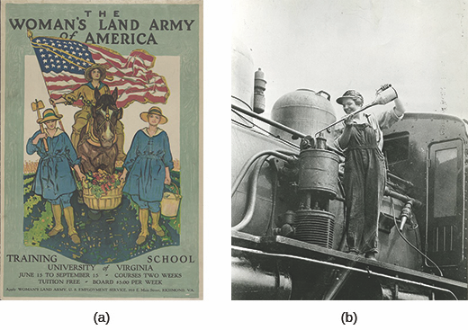 Figure 23.11 The war brought new opportunities to women, such as the training offered to those who joined the Land Army (a) or the opening up of traditionally male occupations. In 1918, Eva Abbott (b) was one of many new women workers on the Erie Railroad. However, once the war ended and veterans returned home, these opportunities largely disappeared. (credit b: modification of work by U.S. Department of Labor)