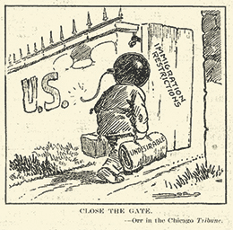Figure 23.22 This cartoon advocates for a restrictive immigration policy, recommending the United States “close the gate” on undesirable (and presumably dangerous) immigrants.