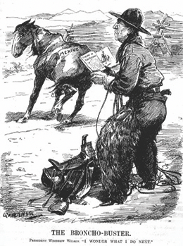 Figure 23.3 While Wilson strove to be less of an interventionist, he found that to be more difficult in practice than in theory. Here, a political cartoon depicts him as a rather hapless cowboy, unclear on how to harness a foreign challenge, in this case, Mexico.