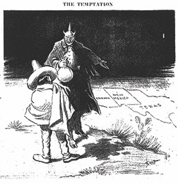 Figure 23.6 “The Temptation,” which appeared in the Dallas Morning News on March 2, 1917, shows Germany as the Devil, tempting Mexico to join their war effort against the United States in exchange for the return of land formerly belonging to Mexico. The prospect of such a move made it all but impossible for Wilson to avoid war. (credit: Library of Congress)