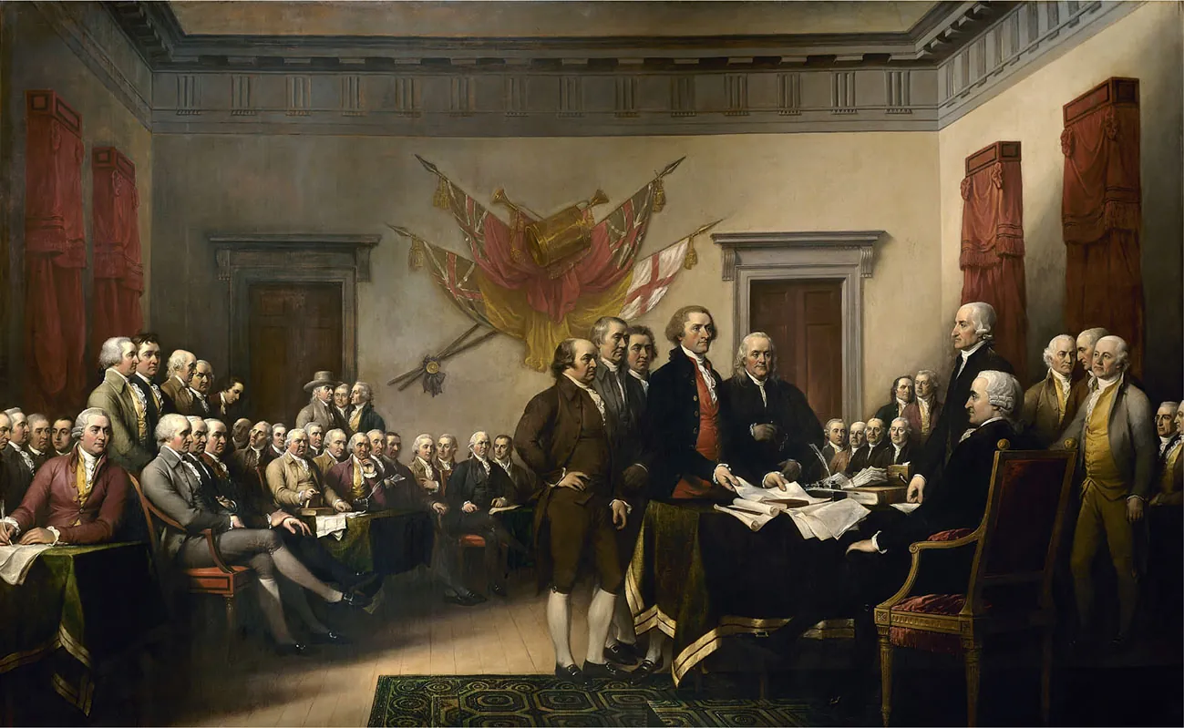 Figure 6.1 This famous 1819 painting by John Trumbull shows members of the committee entrusted with drafting the Declaration of Independence presenting their work to the Continental Congress in 1776. Note the British flags on the wall. Separating from the British Empire proved to be very difficult as the colonies and the Empire were linked with strong cultural, historical, and economic bonds forged over several generations.