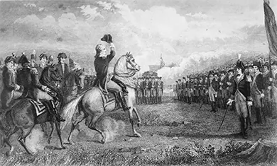 Figure 6.10 This 1775 etching shows George Washington taking command of the Continental Army at Cambridge, Massachusetts, just two weeks after his appointment by the Continental Congress.