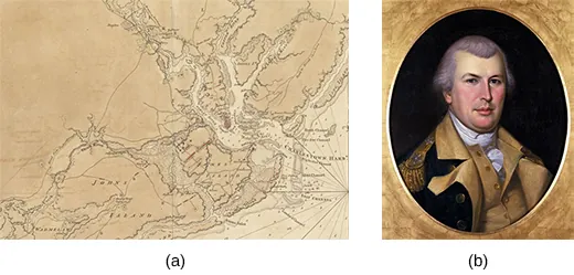 Figure 6.14 This 1780 map of Charleston (a), which shows details of the Continental defenses, was probably drawn by British engineers in anticipation of the attack on the city. The Siege of Charleston was one of a series of defeats for the Continental forces in the South, which led the Continental Congress to place General Nathanael Greene (b), shown here in a 1783 portrait by Charles Wilson Peale, in command in late 1780. Greene led his troops to two crucial victories.