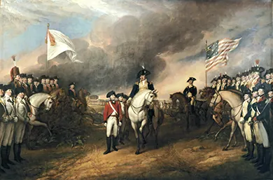 Figure 6.15 The 1820 painting above, by John Trumbull, is titled Surrender of Lord Cornwallis, but Cornwallis actually sent his general, Charles O’Hara, to perform the ceremonial surrendering of the sword. The painting depicts General Benjamin Lincoln holding out his hand to receive the sword. General George Washington is in the background on the brown horse, since he refused to accept the sword from anyone but Cornwallis himself.
