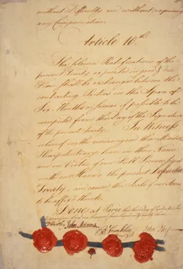 Figure 6.17 The last page of the Treaty of Paris, signed on September 3, 1783, contained the signatures and seals of representatives for both the British and the Americans. From right to left, the seals pictured belong to David Hartley, who represented Great Britain, and John Adams, Benjamin Franklin, and John Jay for the Americans.