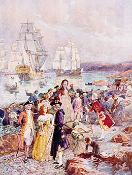 Figure 6.18 The Coming of the Loyalists, a ca. 1880 work that artist Henry Sandham created at least a century after the Revolution, shows Anglo-American colonists arriving by ship in New Brunswick, Canada.