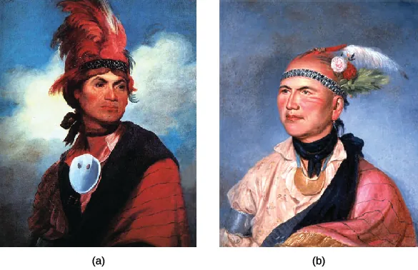 Figure 6.20 What similarities can you see in these two portraits of Joseph Brant, one by Gilbert Stuart in 1786 (a) and one by Charles Wilson Peale in 1797 (b)? What are the differences? Why do you think the artists made the specific choices they did?