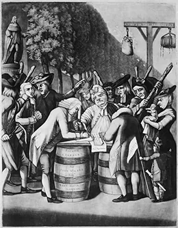 Figure 6.3 In “The Alternative of Williams-Burg” (1775), a merchant has to sign a non-importation agreement or risk being covered with the tar and feathers suspended behind him.