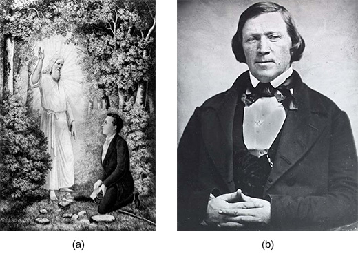 Figure 13.10 Carl Christian Anton Christensen depicts The angel Moroni delivering the plates of the Book of Mormon to Joseph Smith, circa 1886 (a). On the basis of these plates, Joseph Smith (b) founded the Church of Latter-Day Saints. Following Smith’s death at the hands of a mob in Illinois, Brigham Young took control of the church and led them west to the Salt Lake Valley, which at that time was still part of Mexico.