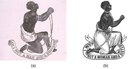 Figure 13.16 These woodcuts of a chained and pleading slave, Am I Not a Man and a Brother?(a) and Am I Not a Woman and a Sister?, accompanied abolitionist John Greenleaf Whittier’s antislavery poem, “Our Countrymen in Chains.” Such images exemplified moral suasion: showing with pathos and humanity the moral wrongness of slavery.
