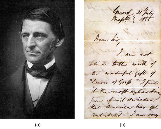 Figure 13.5 Ralph Waldo Emerson (a), shown here circa 1857, is considered the father of transcendentalism. This letter (b) from Emerson to Walt Whitman, another brilliant writer of the transcendentalist movement, demonstrates the closeness of a number of these writers.