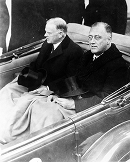 Figure 25.16 Herbert Hoover (left) had the misfortune to be a president elected in prosperity and subsequently tasked with leading the country through the Great Depression. His unwillingness to face the harsh realities of widespread unemployment, farm foreclosures, business failures, and bank closings made him a deeply unpopular president, and he lost the 1932 election in a landslide to Franklin D. Roosevelt (right). (credit: Architect of the Capitol)