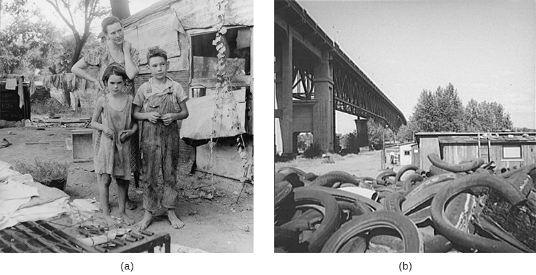 Figure 25.9 Hoover became one of the least popular presidents in history. “Hoovervilles,” or shantytowns, were a negative reminder of his role in the nation’s financial crisis. This family (a) lived in a “Hooverville” in Elm Grove, Oklahoma. This shanty (b) was one of many making up a “Hooverville” in the Portland, Oregon area. (credit: modification of work by United States Farm Security Administration)