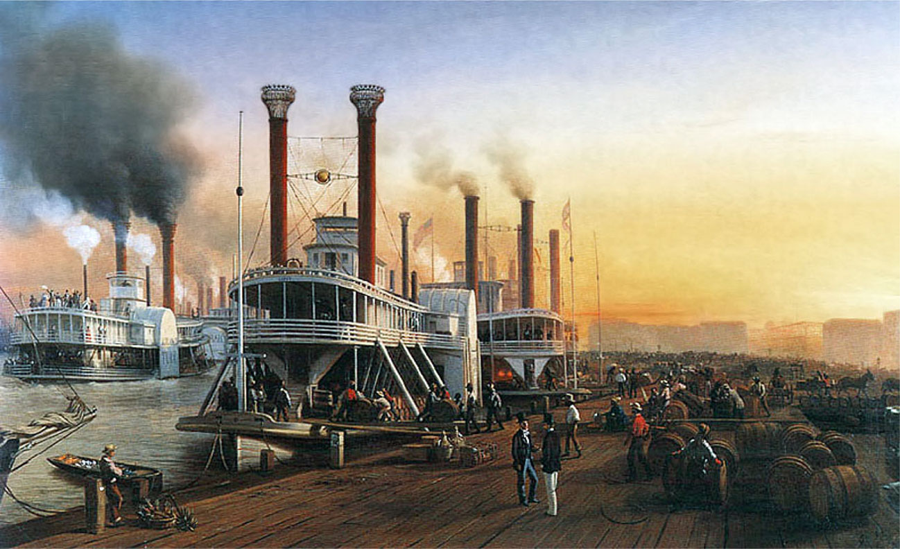 Figure 12.1 Bateaux à Vapeur Géant, la Nouvelle-Orléans 1853 (Giant Steamboats at New Orleans, 1853), by Hippolyte Sebron, shows how New Orleans, at the mouth of the Mississippi River, was the primary trading hub for the cotton that fueled the growth of the southern economy.