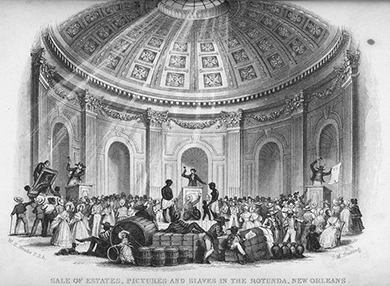 Figure 12.10 In Sale of Estates, Pictures and Slaves in the Rotunda, New Orleans (1853) by J. M. Starling, it is clear that slaves are considered property to be auctioned off, just like pictures or other items.