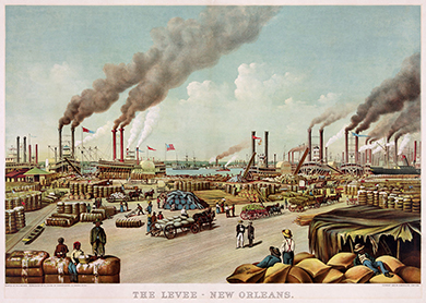 Figure 12.5 This print of The Levee - New Orleans (1884) shows the bustling port of New Orleans with bales of cotton waiting to be shipped. The sheer volume of cotton indicates its economic importance throughout the century.
