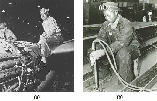 Figure 27.11 “Rosie the Riveter” became a generic term for all women working in the defense industry. Although the Rosie depicted on posters was white, many of the real Rosies were African American, such as this woman who poses atop an airplane at the Lockheed Aircraft Corporation in Burbank, California (a), and Anna Bland, a worker at the Richmond Shipyards (b).