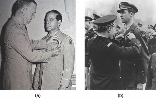 Figure 27.12 General George Marshall awards Frank Capra the Distinguished Service Cross in 1945 (a), in recognition of the important contribution that Capra’s films made to the war effort. Jimmy Stewart was awarded numerous commendations for his military service, including the French Croix de Guerre (b).