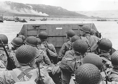 Figure 27.16 U.S. troops in a military landing craft approach the beach code-named “Omaha” on June 6, 1944. More than ten thousand soldiers were killed or wounded during the D-day assault along the coast of Normandy, France.