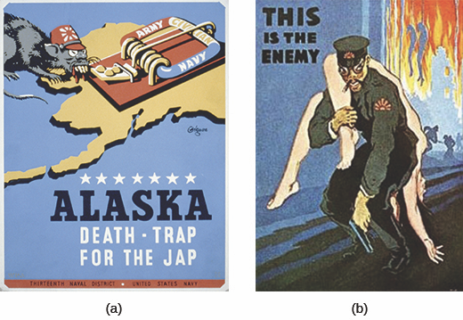 Figure 27.19 Anti-Japanese propaganda often portrayed the Japanese as inhuman (a). In addition to emphasizing the supposed apish features of the Japanese (b), this poster depicts the victim as a white woman, undoubtedly to increase American horror even more.