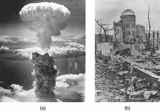 Figure 27.21 According to estimates, the atomic bombs dropped on Hiroshima and Nagasaki (a) together killed anywhere from 125,000 to over 250,000 people. The so-called Genbaku (A-Bomb) Dome, now the Hiroshima Peace Memorial, was the only building left standing near the Hiroshima bomb’s hypocenter (b).