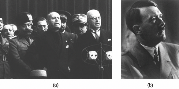 Figure 27.3 Italian Fascists under the dictatorial leadership of Benito Mussolini (a, center) and German National Socialist Party leader and dictator Adolf Hitler (b) systematically dismantled democratic institutions and pushed military buildups, racial supremacy, and an aggressive nationalism in the 1920s and early 1930s.