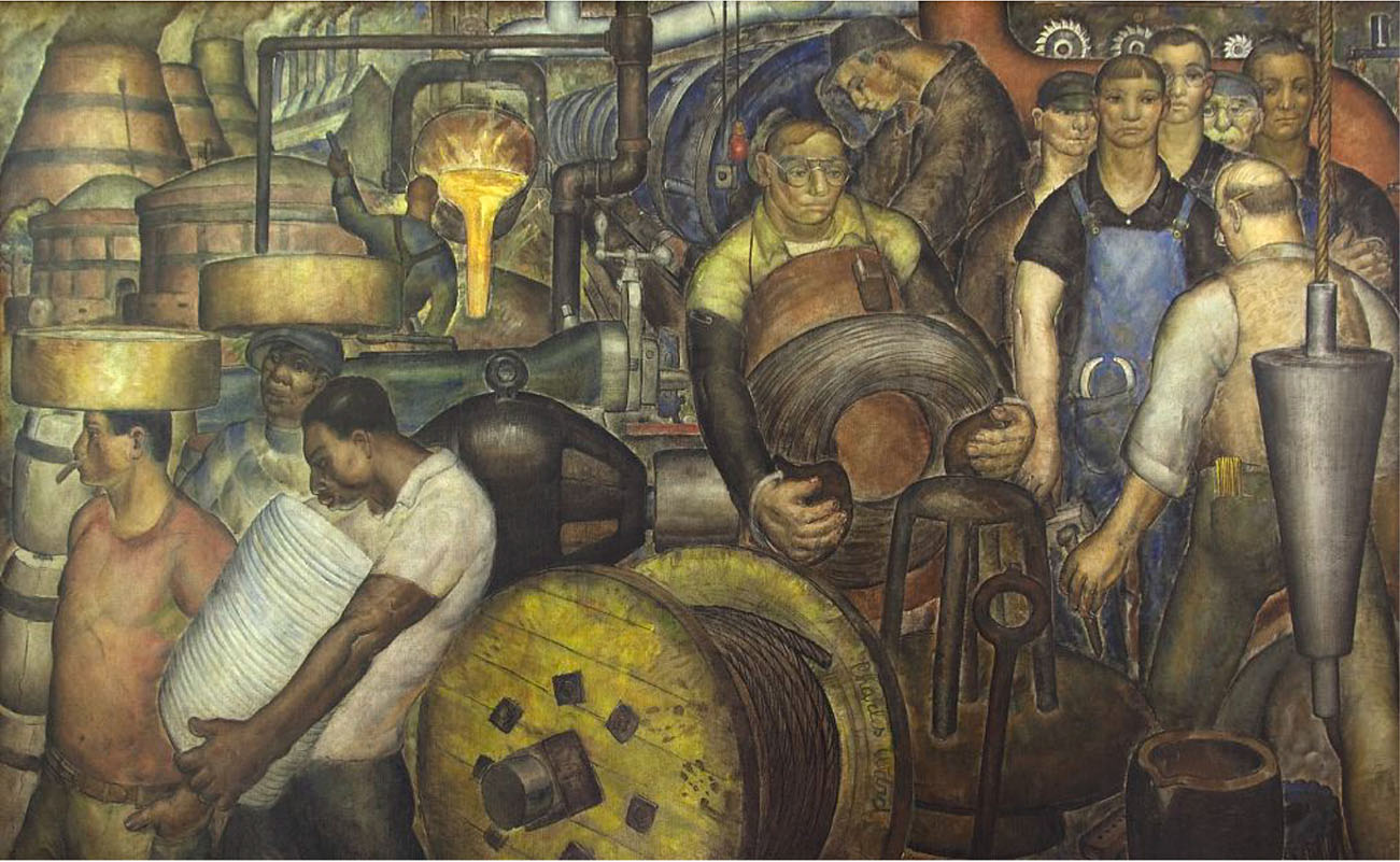 Figure 26.1 President Roosevelt’s Federal Project Number One allowed thousands of artists to create public art. This initiative was a response to the Great Depression as part of the Works Project Administration, and much of the public art in cities today date from this era. New Deal by Charles Wells can be found in the Clarkson S. Fisher Federal Building and U.S. Courthouse in Trenton, New Jersey. (credit: modification of work by Library of Congress)