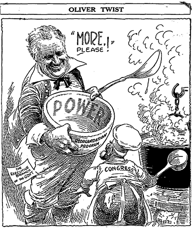 Figure 26.10 Roosevelt used previously unheard of levels of government power in his attempt to push the country out of the Great Depression, as artist Joseph Parrish depicts here in this 1937 Chicago Tribune cartoon. While critics on the left felt that he had not done enough, critics on the right felt that his use of power was frighteningly close to fascism and socialism.