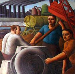 Figure 26.12 Painted by artists funded by Federal Project Number One, this section of Ohio, a mural located in the Bellevue, Ohio post office, illustrates a busy industrial scene. Artists painted the communities where they lived, thus creating visions of farms, factories, urban life, harvest celebrations, and more that still reflect the life and work of that era. (credit: Works Progress Administration)
