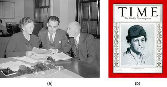 Figure 26.14 After leaving her post as head of the Women’s Division of the Democratic Party, Molly Dewson (a) later accepted an appointment to the Social Security Board, working with fellow board members Arthur J. Altmeyer and George E. Bigge, shown here in 1937. Another influential advisor to President Franklin Roosevelt was Frances Perkins (b), who, as U.S. Secretary of Labor, graced the cover of Time magazine on August 14, 1933.