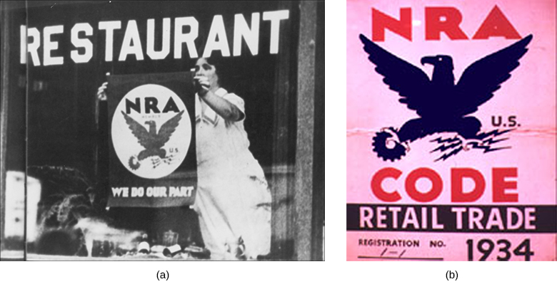 Figure 26.8 Consumers were encouraged to buy from companies displaying the Blue Eagle (a), the logo signifying compliance with the new NRA regulations. With talons gripping a gear, representing industry, and lightning bolts, representing power, the eagle (b) was intended to be a symbol of economic recovery.