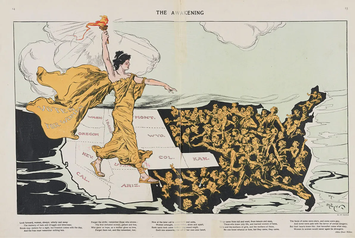 Figure 21.1 The western states were the first to allow women the right to vote, a freedom that grew out of the less deeply entrenched gendered spheres in the region. This illustration, from 1915, shows a suffragist holding a torch over the western states and inviting the beckoning women from the rest of the country to join her.