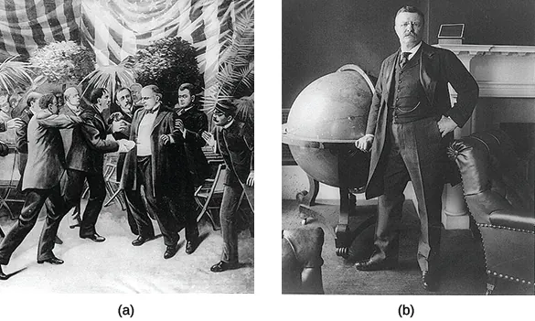 Figure 21.16 President William McKinley’s assassination (a) at the hands of an anarchist made Theodore Roosevelt (b) the country’s youngest president.