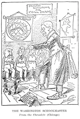 Figure 21.17 This cartoon shows President Roosevelt disciplining coal barons like J. P. Morgan, threatening to beat them with a stick labeled “Federal Authority.” It illustrates Roosevelt’s new approach to business.
