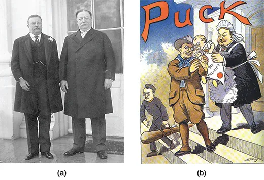 Figure 21.19 This photograph (a) of Theodore Roosevelt (left) and his hand-picked successor William Howard Taft (right) just before Taft’s inauguration in 1909, was echoed in a Puck magazine cartoon (b) where “cowboy” Roosevelt hands off his “Policies” baby to “nurse-maid” Taft. Taft was seen, initially at least, as being a president who would continue Roosevelt’s same policies.
