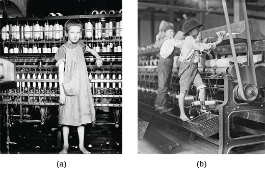 Figure 21.7 As part of the National Child Labor Committee’s campaign to raise awareness about the plight of child laborers, Lewis Hine photographed dozens of children in factories around the country, including Addie Card (a), a twelve-year-old spinner working in a mill in Vermont in 1910, and these young boys working at Bibb Mill No. 1 in Macon, Georgia in 1909 (b). Working ten- to twelve-hour shifts, children often worked large machines where they could reach into gaps and remove lint and other debris, a practice that caused plenty of injuries. (credit a/b: modification of work by Library of Congress)