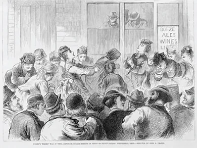 Figure 21.9 This John R. Chapin illustration shows the women of the temperance movement holding an open-air prayer meeting outside an Ohio saloon. (credit: Library of Congress)