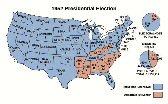 Figure 28.10 The above map shows the resounding victory of Dwight D. Eisenhower over Adlai Stevenson in the 1952 election. Stevenson carried only the South, where whites had voted for Democratic Party candidates since the time of the Civil War.