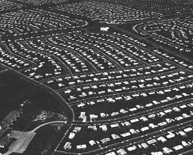 Figure 28.12 This aerial view of Levittown, Pennsylvania, reveals acres of standardized homes. The roads were curved to prevent cars from speeding through the residential community that was home to many young families.