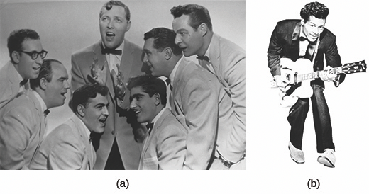 Figure 28.14 The band Bill Haley and His Comets (a) was among the first to launch the new genre of rock and roll. Their hit song “Rock Around the Clock” supposedly caused some teens to break into violent behavior when they heard it. Chuck Berry (b) was a performer who combined rhythm and blues and rock and roll. He dazzled crowds with guitar solos and electrifying performances.