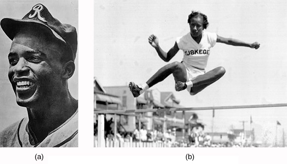 Figure 28.17 Baseball legend Jackie Robinson (a) was active in the civil rights movement. He served on the NAACP’s board of directors and helped to found an African American-owned bank. Alice Coachman (b), who competed in track and field at Tuskegee University, was the first black woman to win an Olympic gold medal.