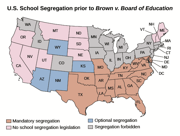 Figure 28.18 This map shows those states in which racial segregation in public education was required by law before the 1954 Brown v. Board of Education decision. In 1960, four years later, fewer than 10 percent of southern African American students attended the same schools as white students.