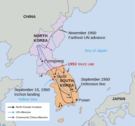 Figure 28.7 After the initial invasion of South Korea by the North Korean People’s Democratic Army, the United Nations established a defensive line in the southern part of the country. The landing at Inchon in September reversed the tide of the war and allowed UN forces under General Douglas MacArthur to retake the city of Seoul, which had fallen to North Korean troops in the early days of the war.