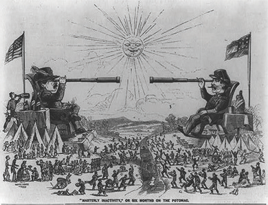 Figure 15.9 As this cartoon indicates, the fighting strategy at the beginning of the war included watchful waiting by the leaders of the North and South.