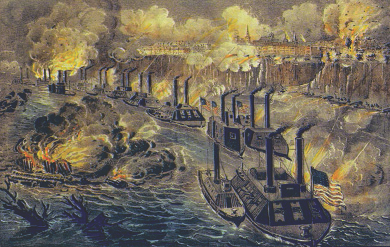Figure 15.14 In this illustration, Union gun boats fire on Vicksburg in the campaign that helped the Union take control of the Mississippi River.