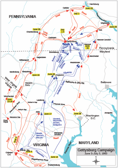 Figure 15.15 As this map indicates, the battlefield at Gettysburg was the farthest north that the Confederate army advanced. (credit: Hal Jesperson)